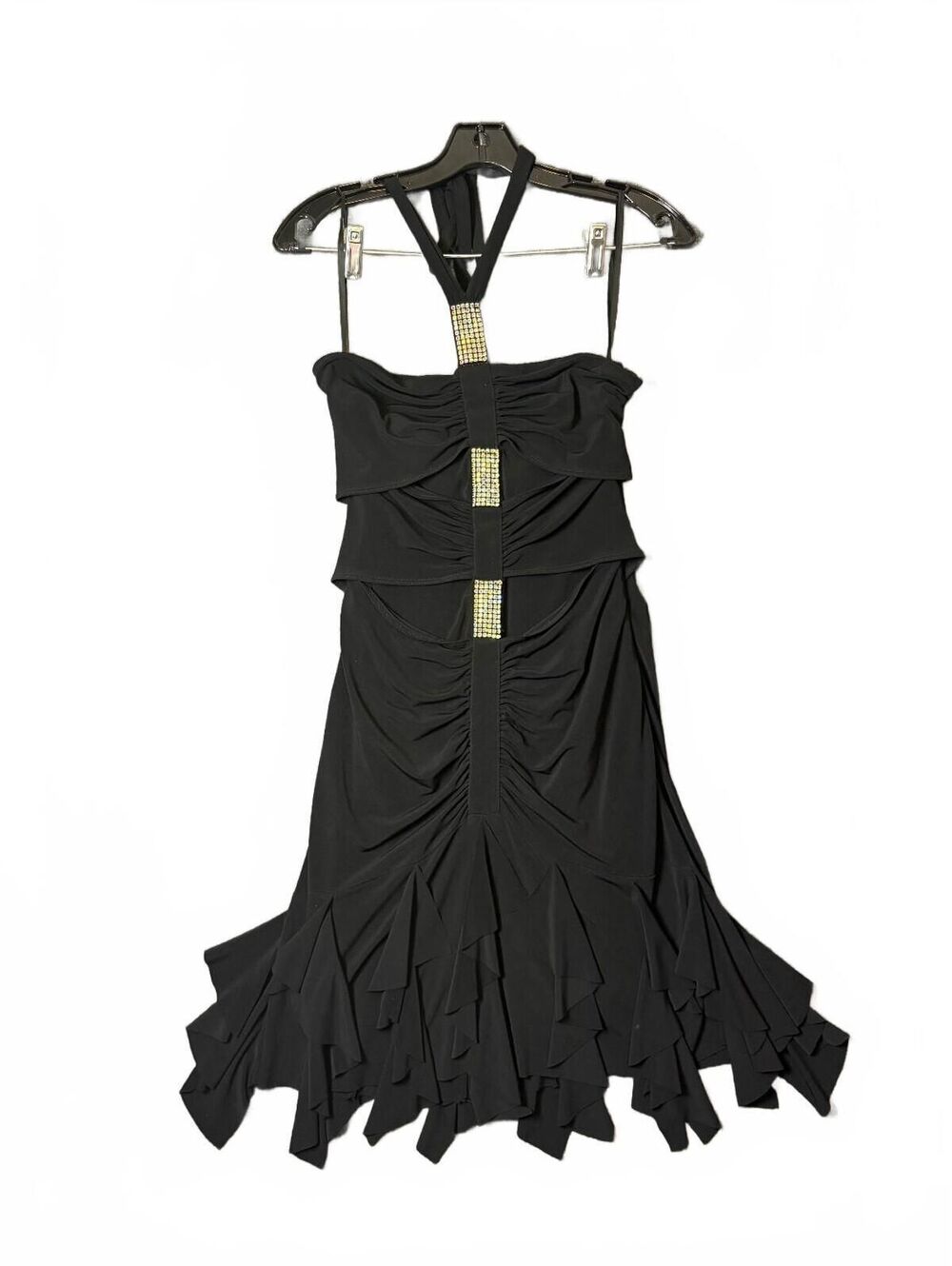 Vintage Jessica McClintock Black ruched halter rhinestone appliquè dress-JM037